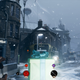 A giant present sits in the center of a town square overlooked by an assassin in a bakery.
